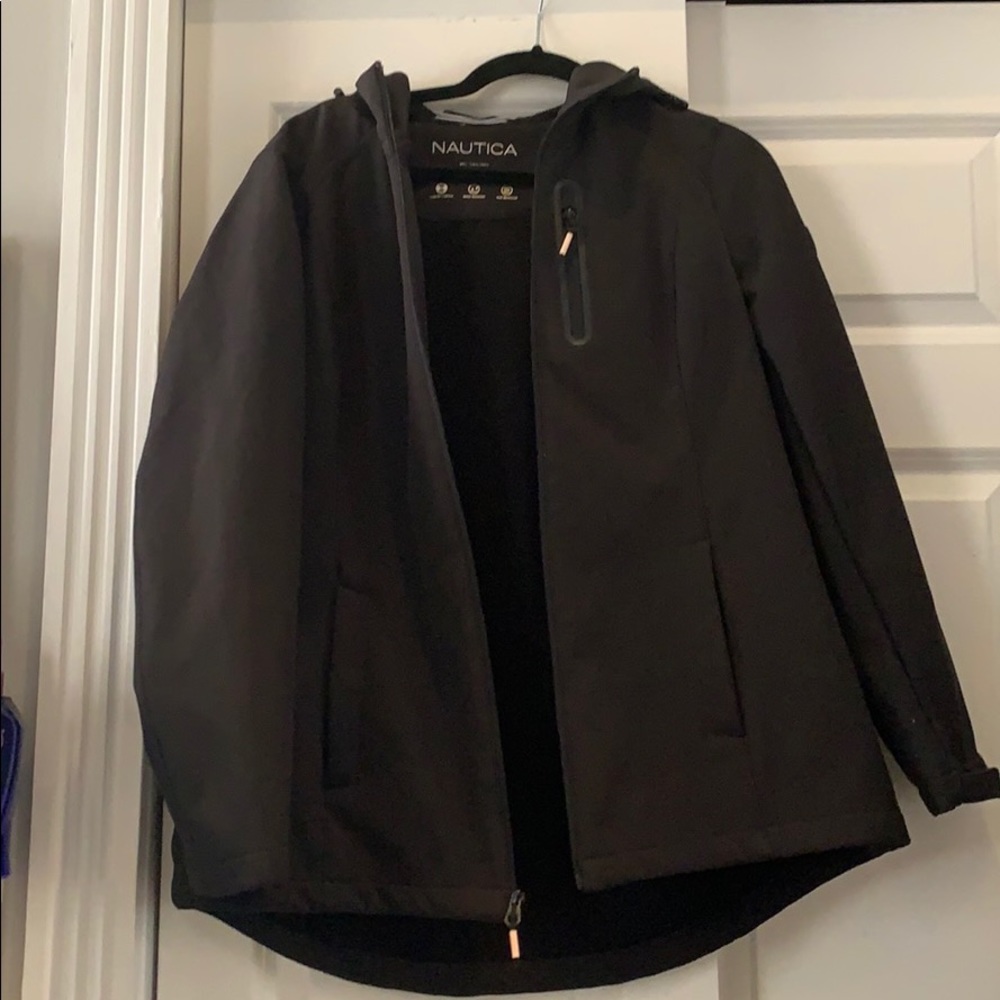 Black shell jacket with hood
